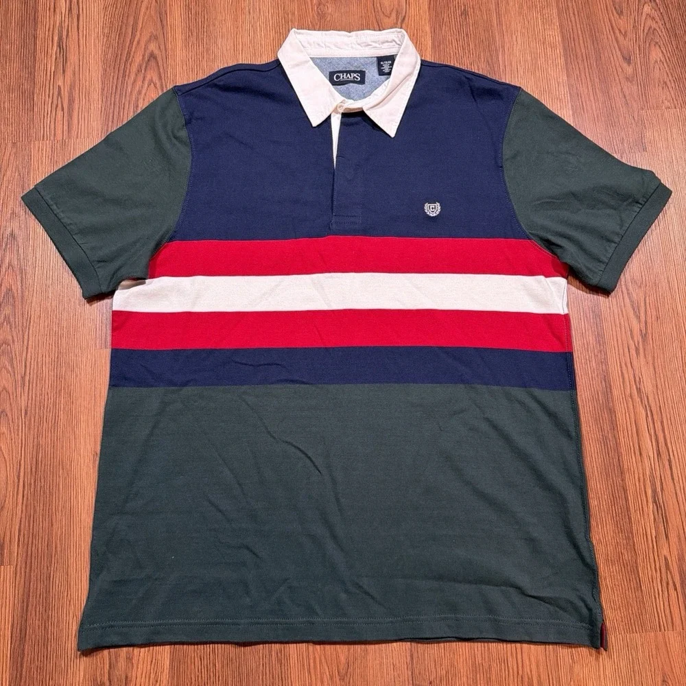 Vintage Mens Ralph Lauren Chaps Polo Shirt XL Green White Navy Color Block Rugby